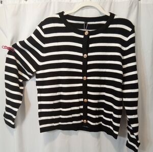 NWT Black White Striped Sweater Cardigan Gold Buttons Heavy Soft
